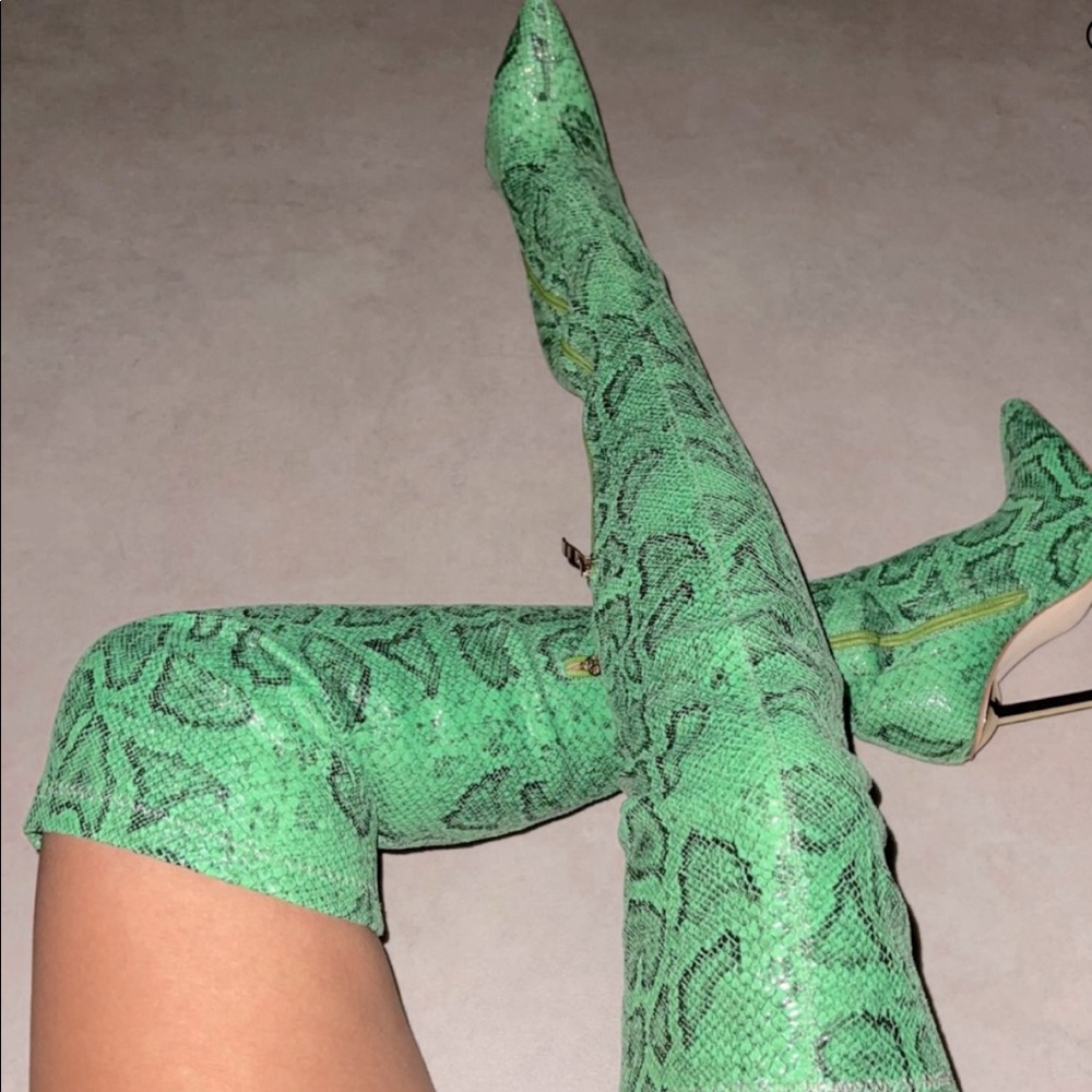 Green snakeskin snake animal print thigh boots over knee US 9 UK 7